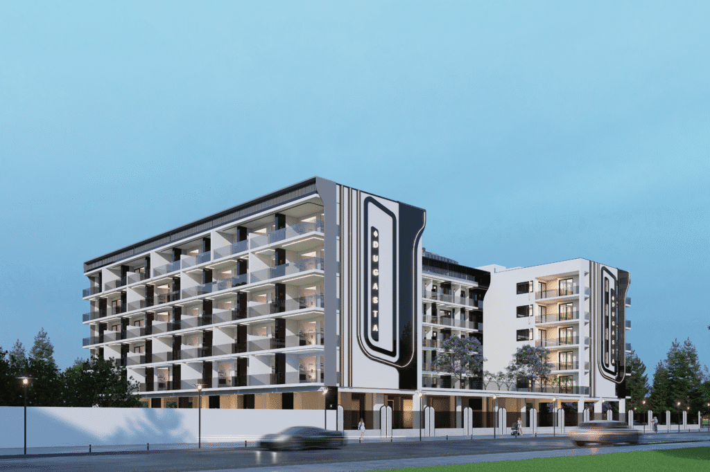 Facciata moderna di una torre residenziale a Dubai idonea per la Golden Visa