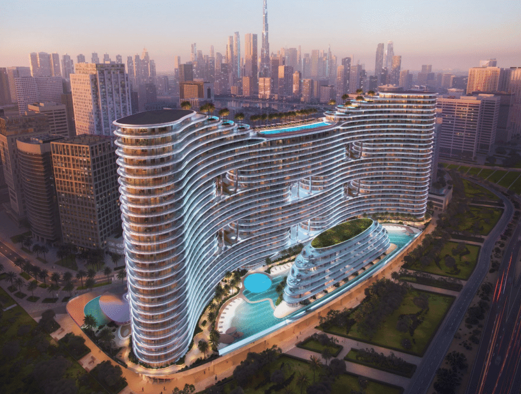 Facciata di una torre residenziale moderna a Dubai firmata da un developer di rilievo