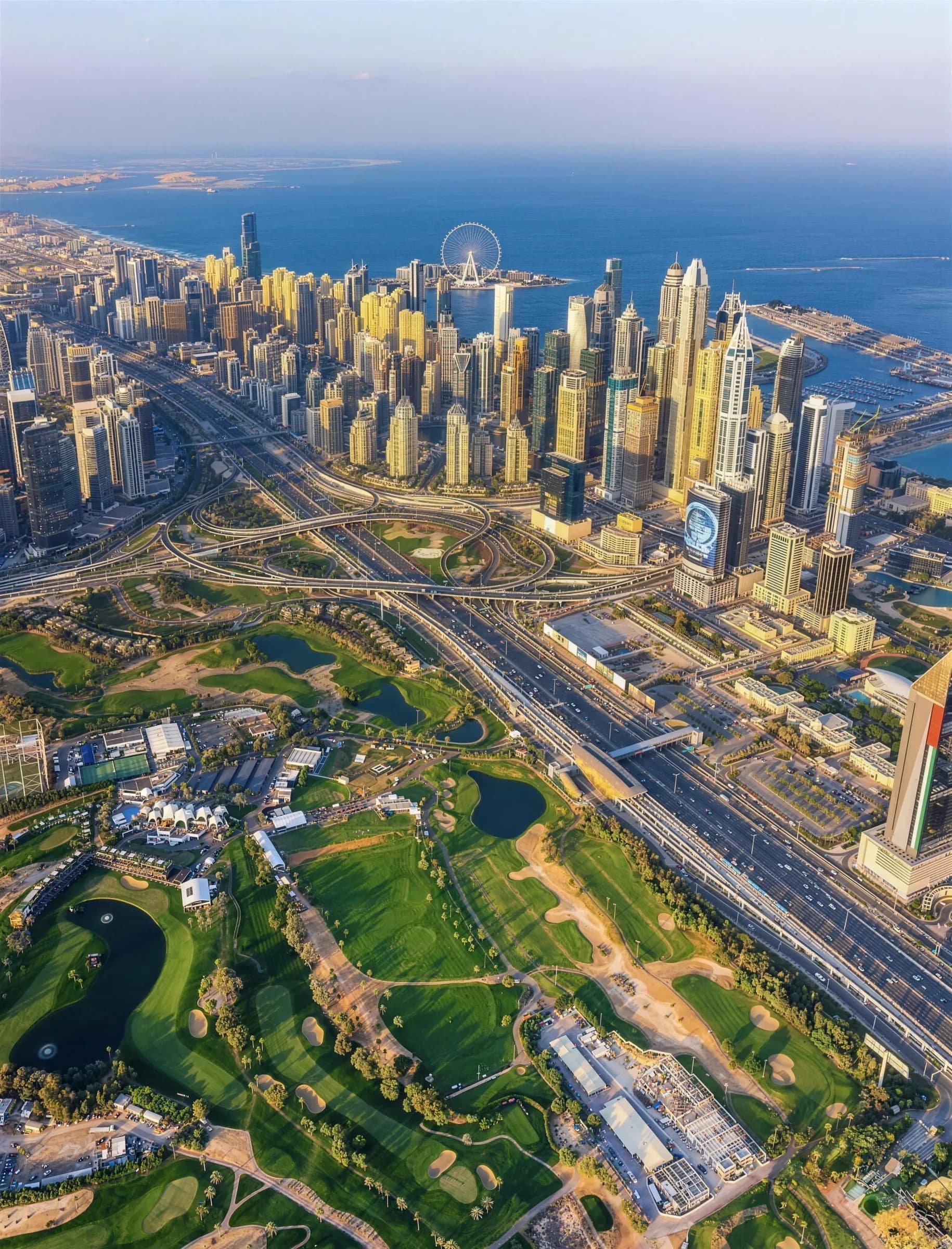 Skyline di Dubai visto da un balcone con grattacieli residenziali in primo piano